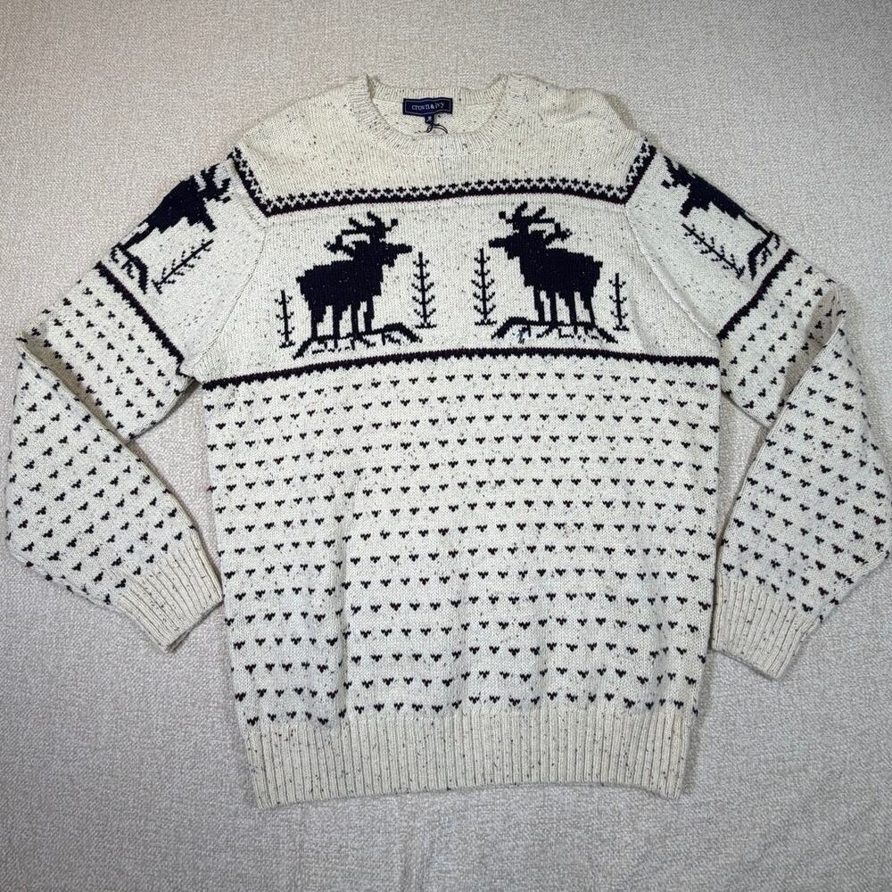 NWT Crown Ivy Men M Cream Blue Knit Western Outdoor Sweater Long Sleeve Winter